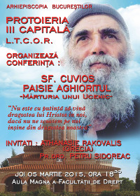 Conferință despre Sf. Paisie Aghioritul la București - 5 martie 2015
